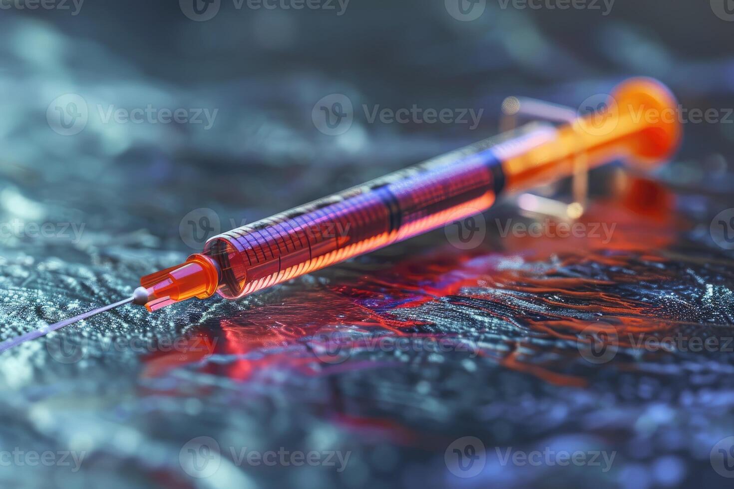 A Syringe Laying on a Shiny Blue and Red Surface photo