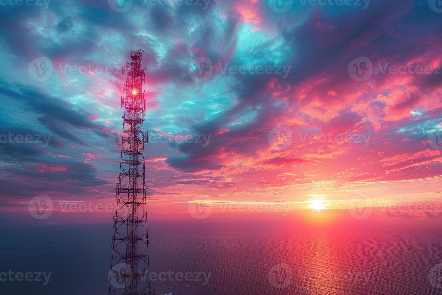 A Tall Metal Tower Standing Against a Vibrant Sunset Over the Ocean photo