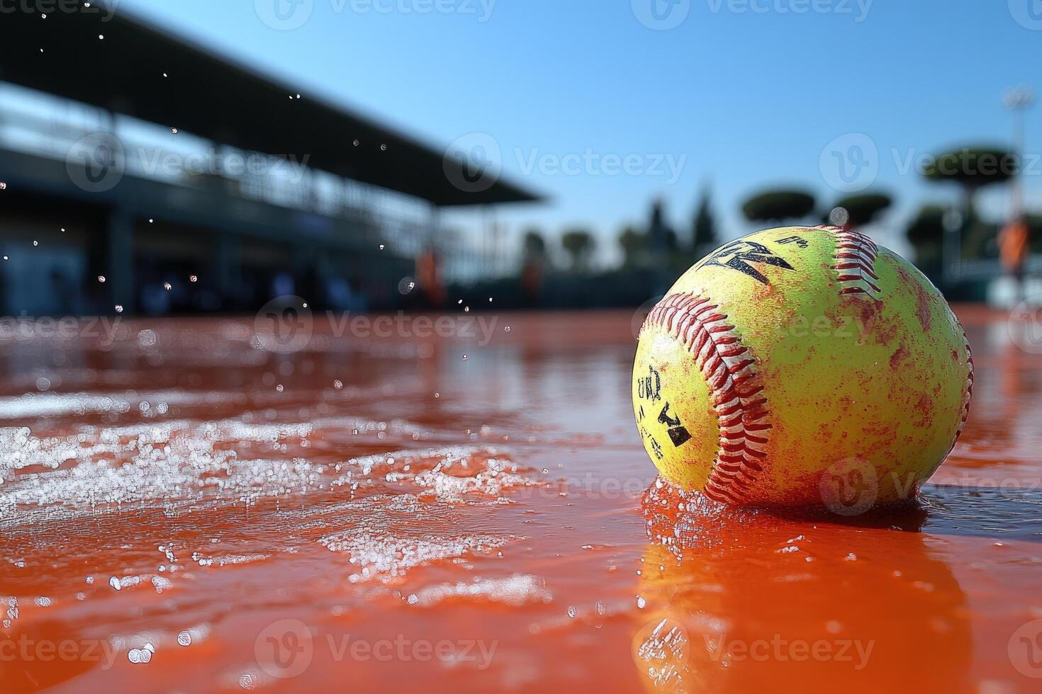 Close-up of a Softball Sitting in Water on a Red Field photo