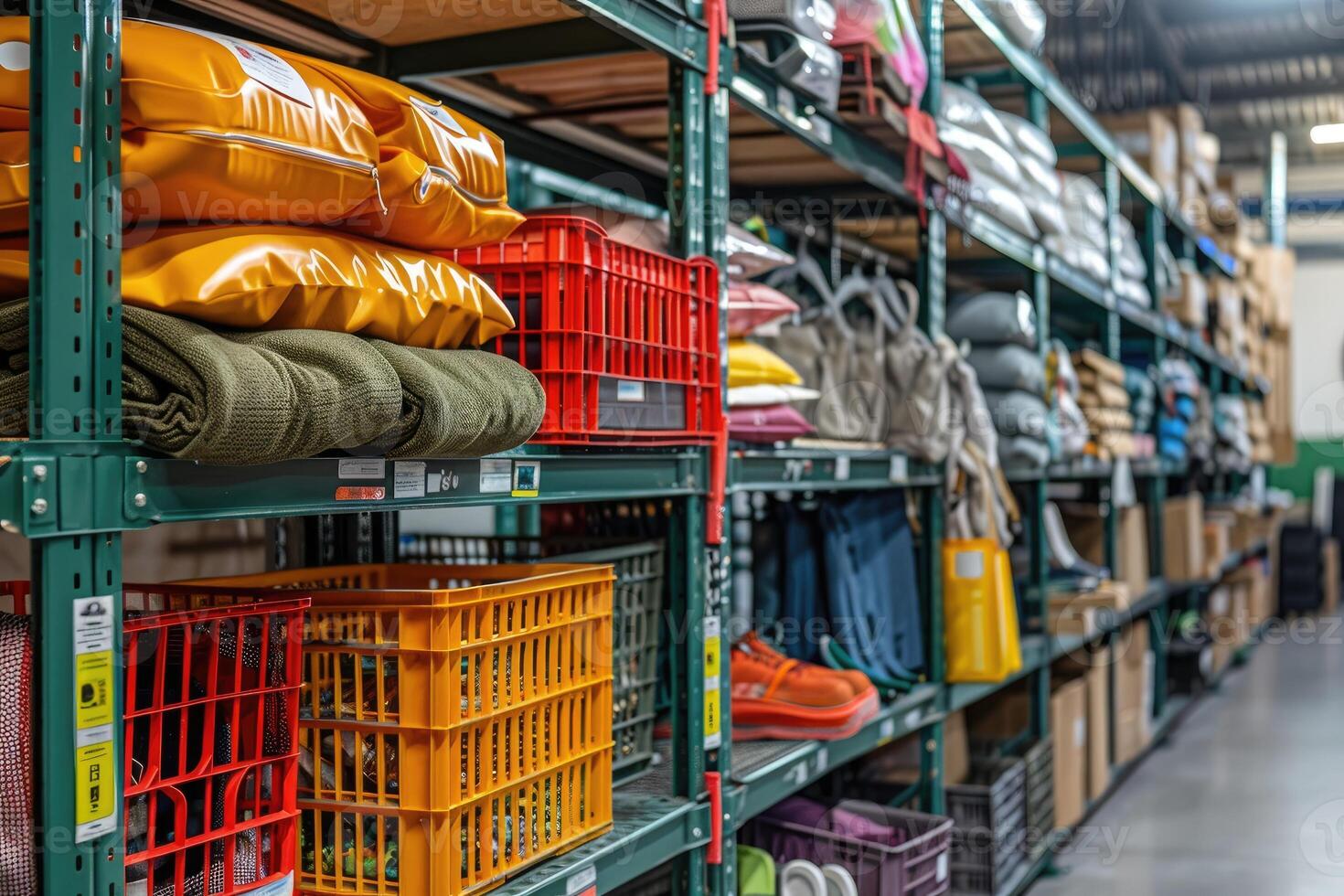 Close-up of a Storage Shelf in a Warehouse with Various Items photo