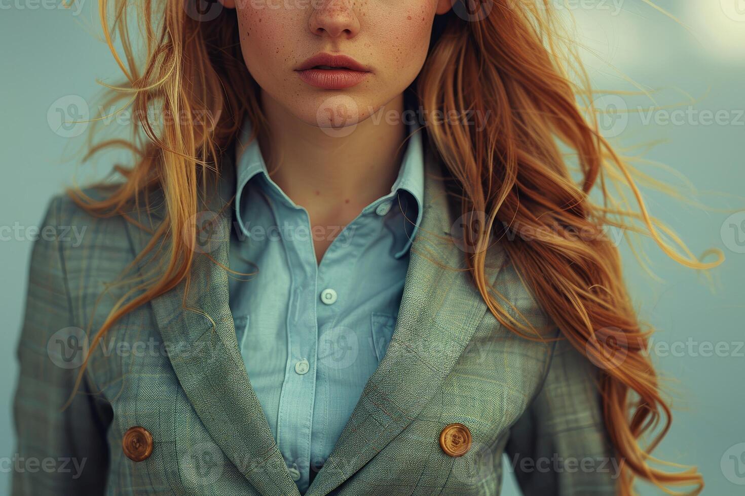 Close-up of a woman's face, hair, and jacket with buttons photo