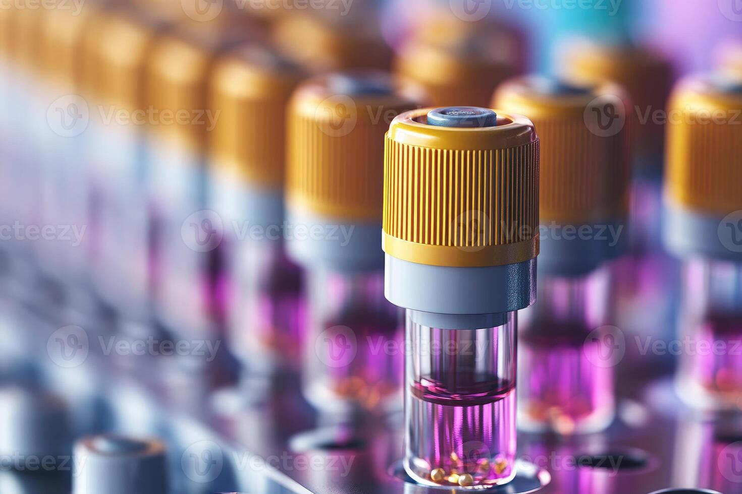 Close-up of a Test Tube Filled with Pink Liquid and Gold Beads photo