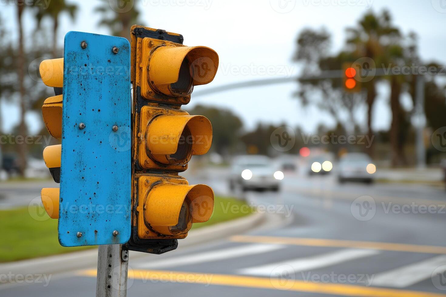 Close-up of a weathered traffic light with a blurred background of a road and cars. photo