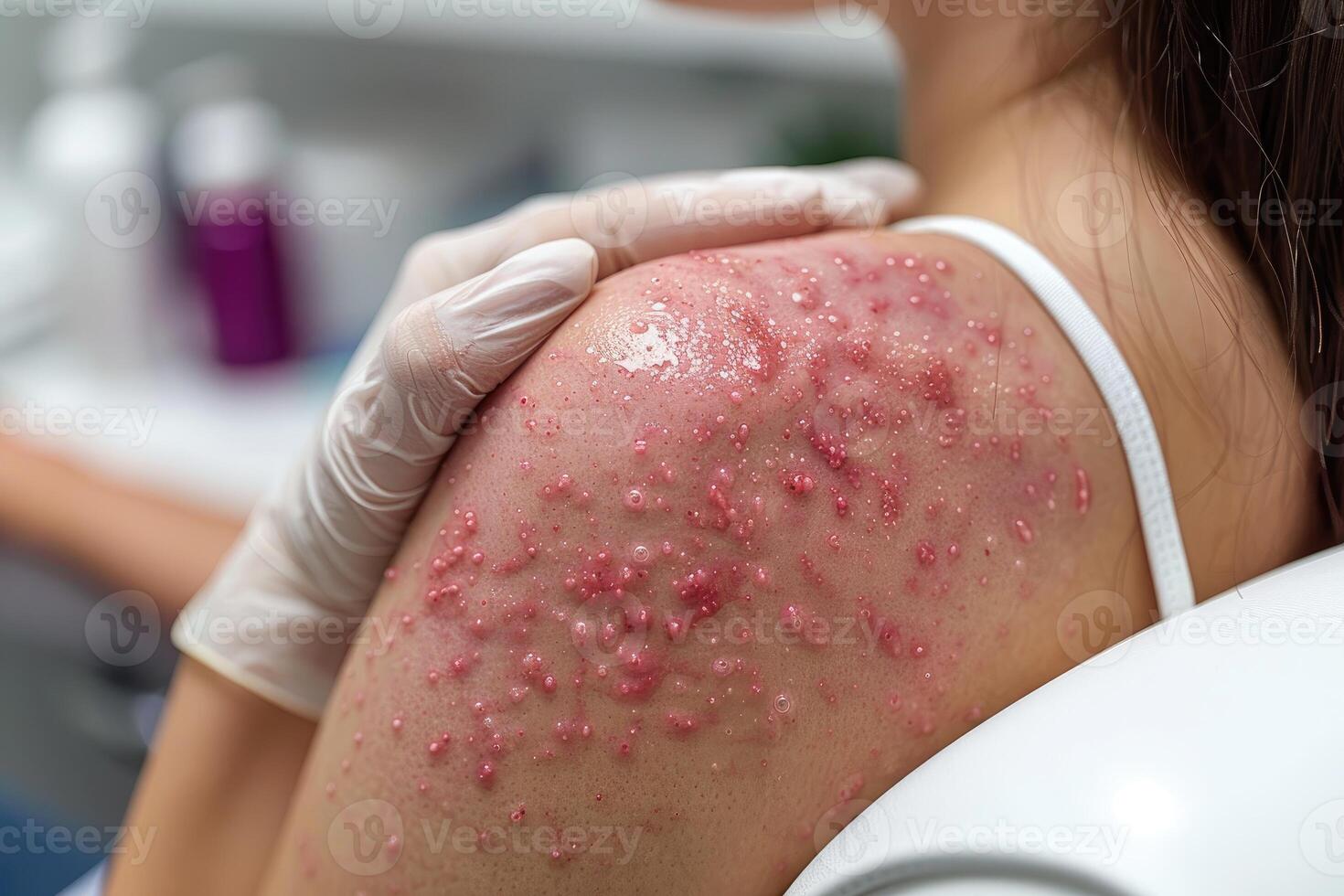 Close-up of a person's shoulder covered in small red bumps and a white glove photo