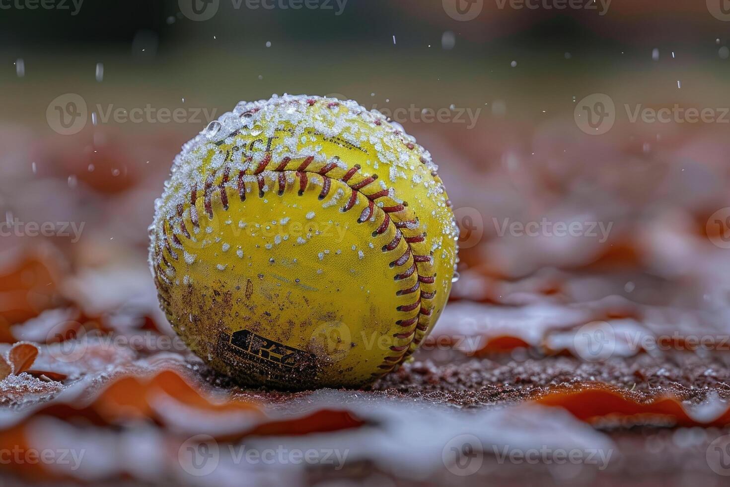 Closeup of a Wet Softball with Rain Droplets photo