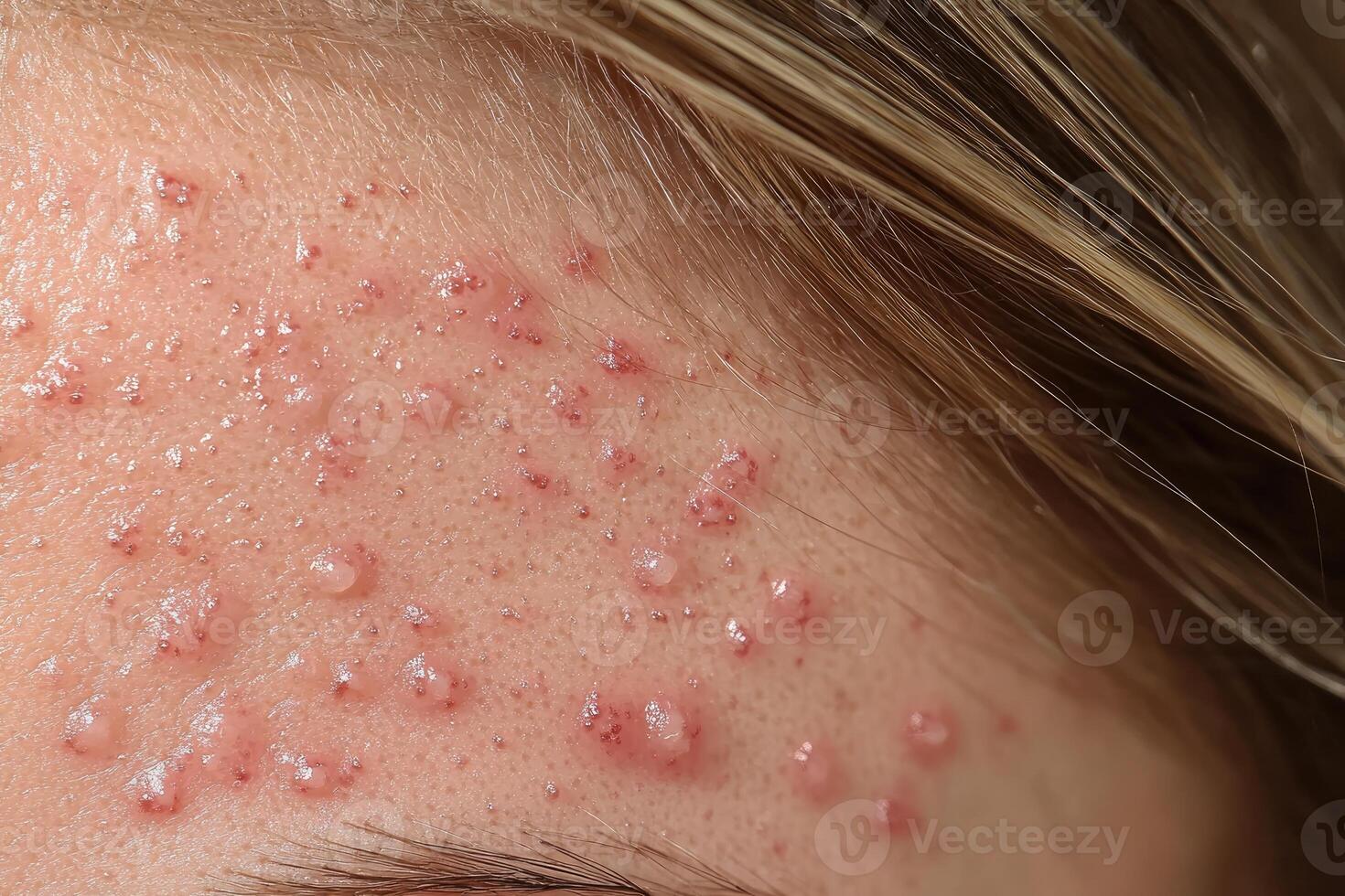 Close-up of a person's forehead with multiple red bumps photo