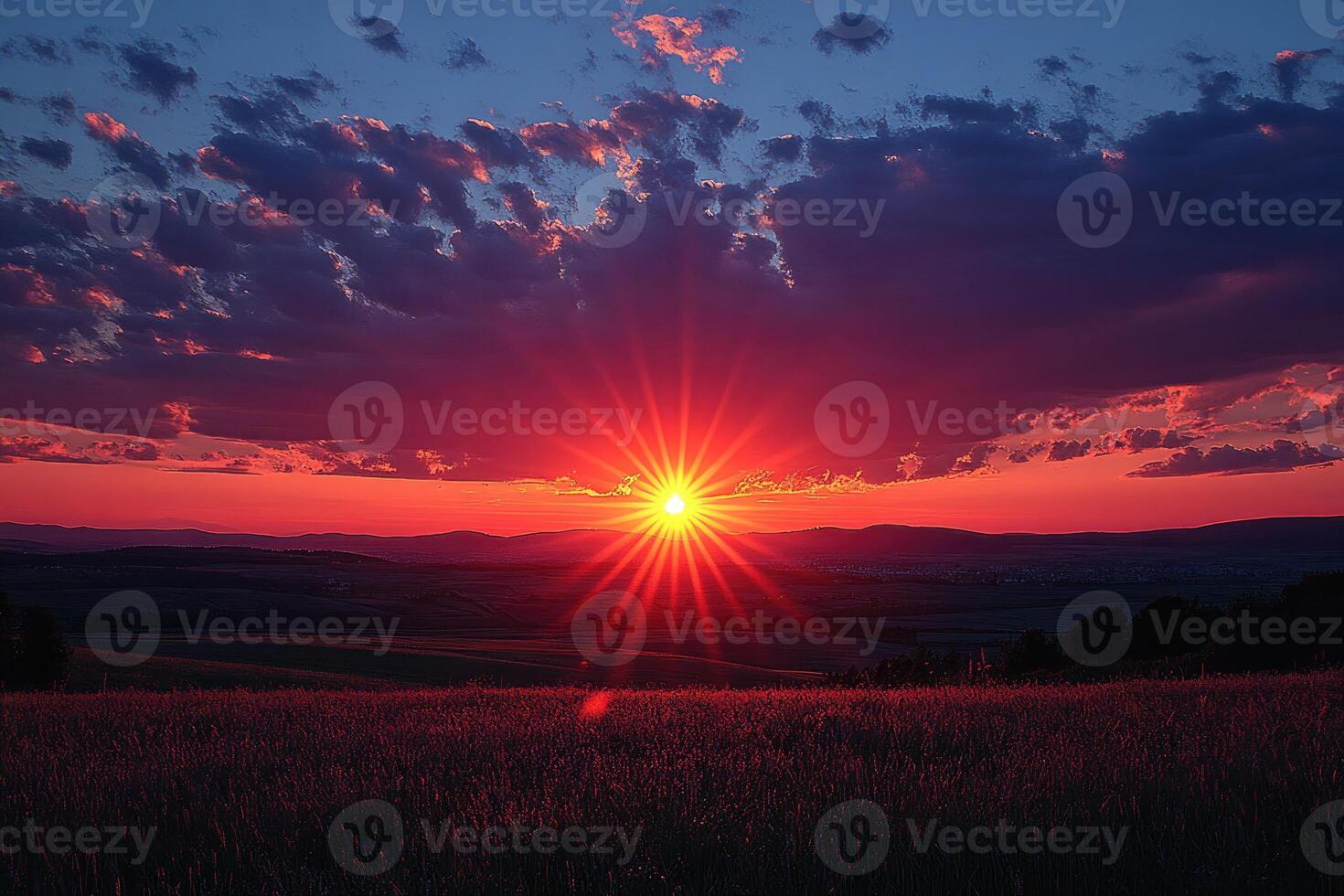 Dramatic Sunset Over a Field with a Starburst Effect photo