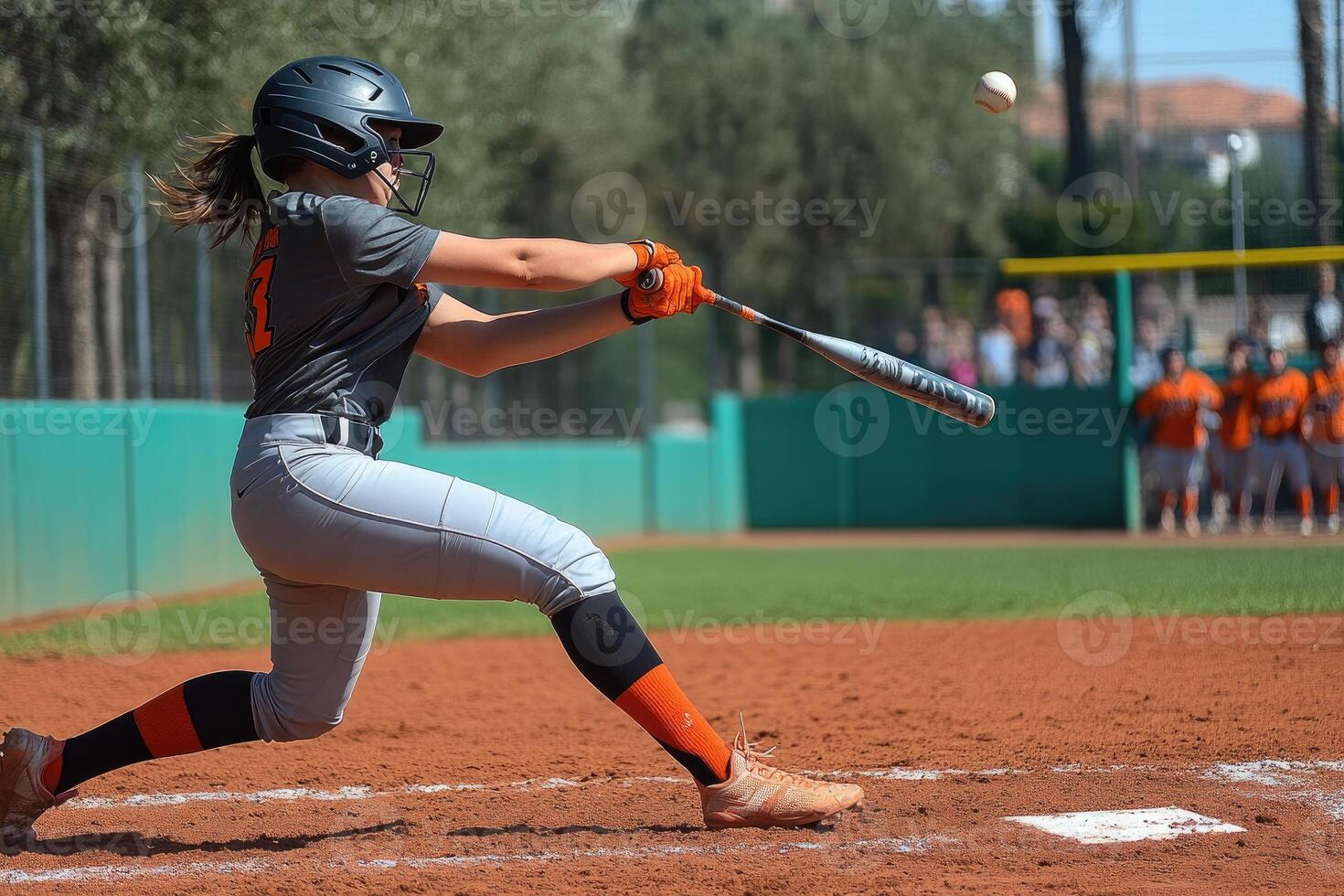 Female Softball Player Swinging Bat at Ball in Flight photo