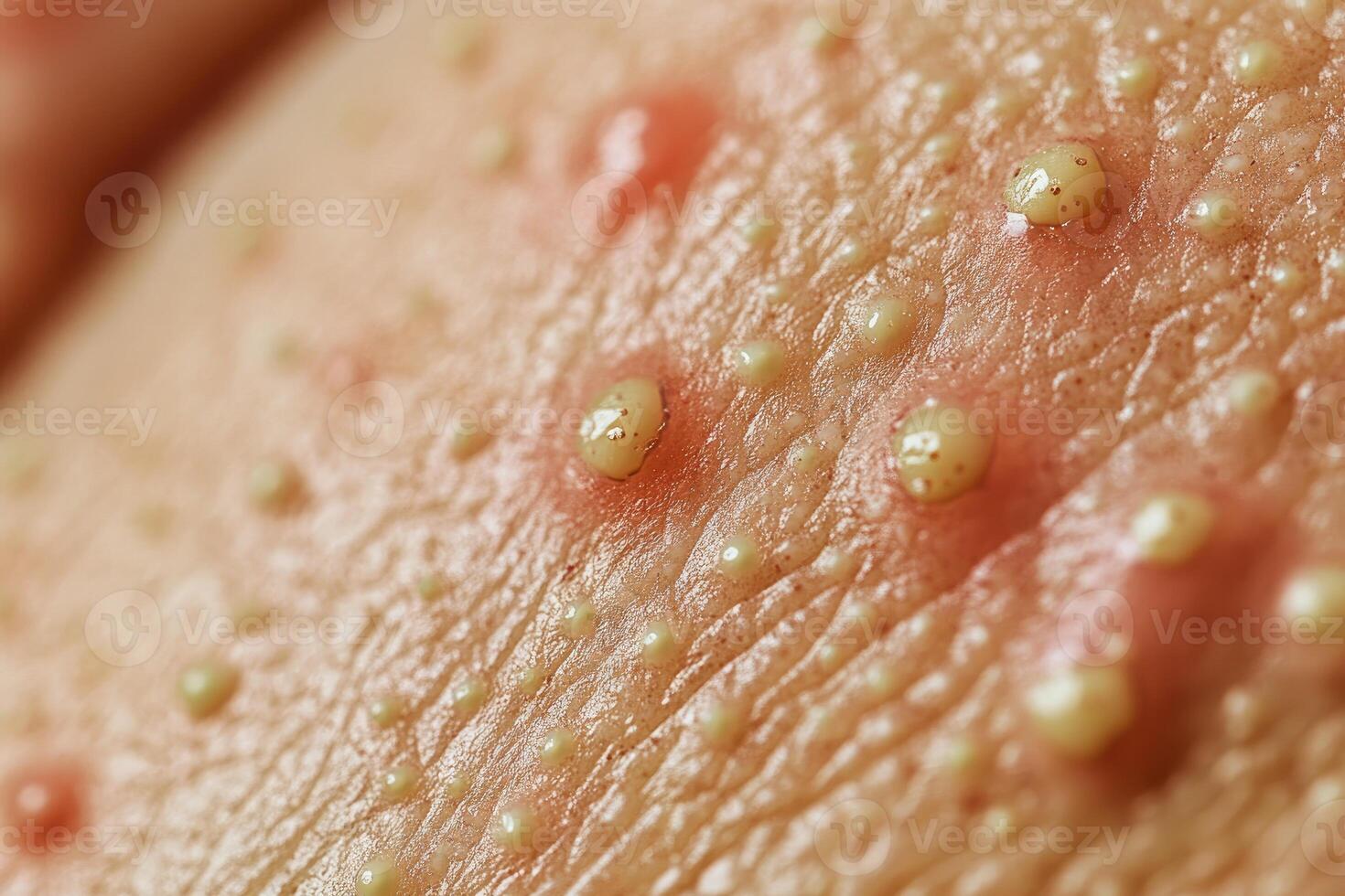 Close-up of skin with numerous small, yellowish bumps and some reddish spots photo