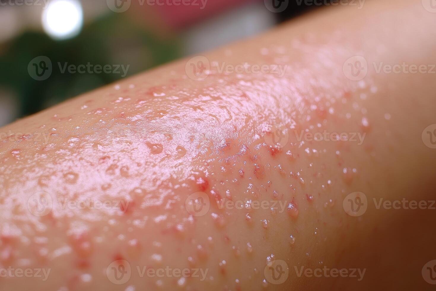 Close-up of skin with numerous small red bumps and white spots photo