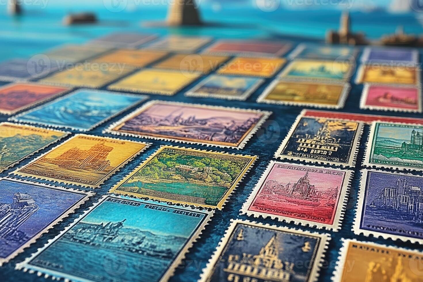 Collection of Vintage Postage Stamps with Various Images photo