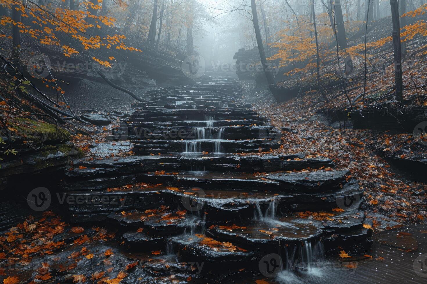 Stone Steps with a Cascading Waterfall in a Misty Forest photo