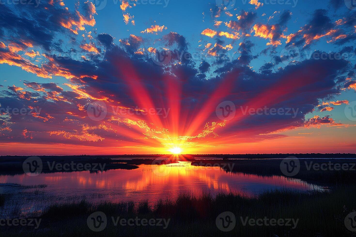 Sunset over a Calm Lake Reflected in the Water photo