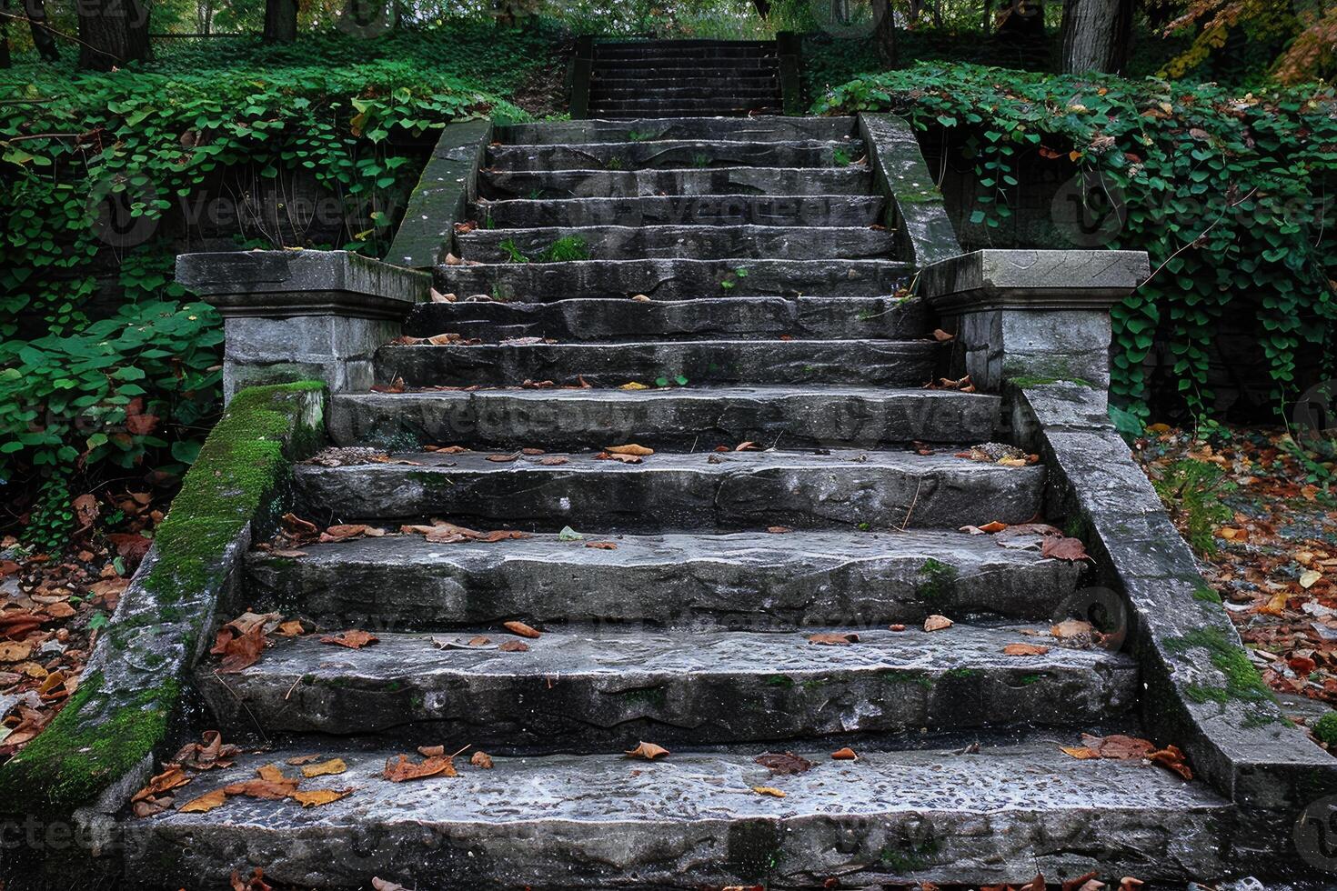 Stone Steps Leading Up Through Lush Greenery and Fallen Leaves photo