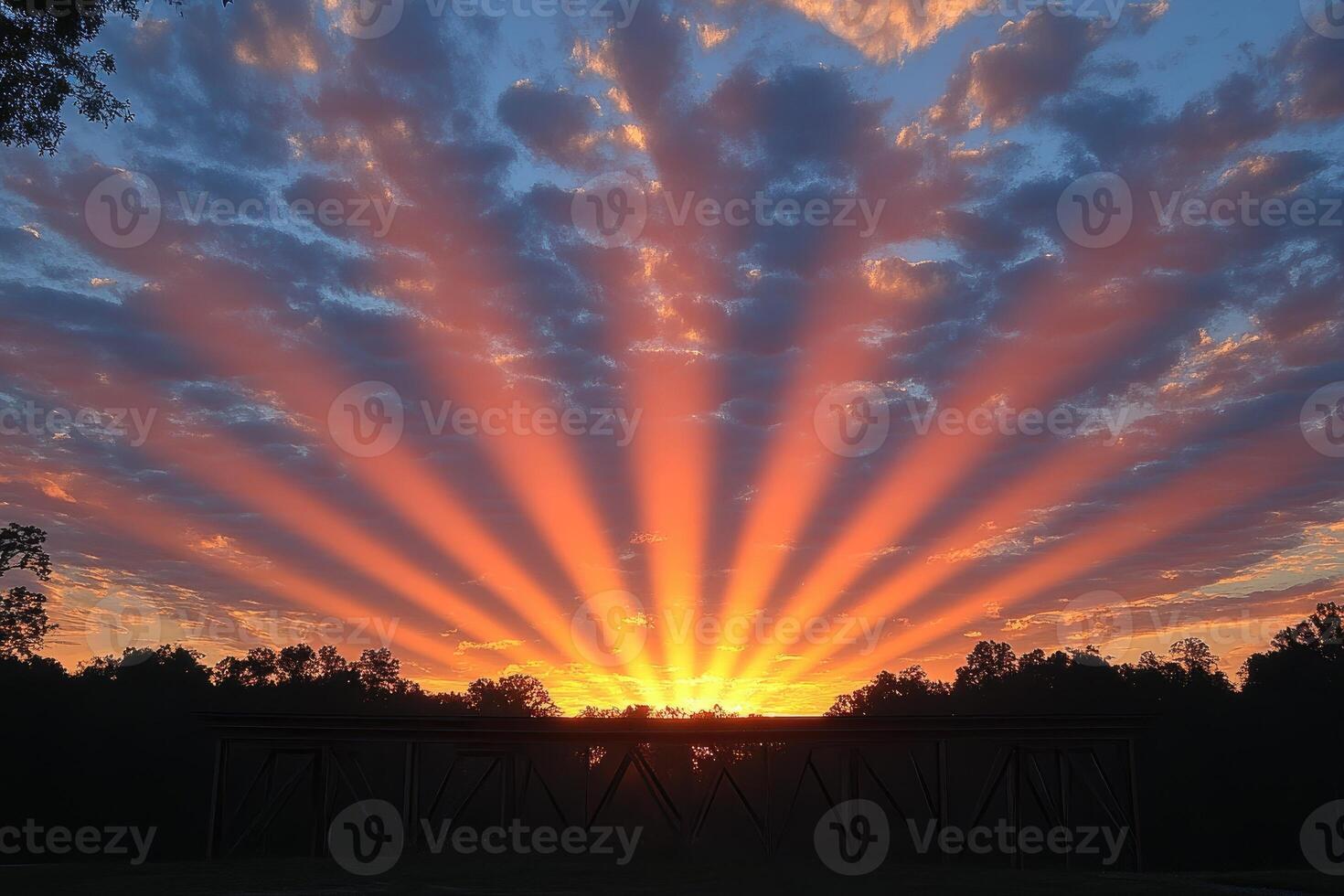 Sunset Rays Through Clouds Over Silhouetted Trees and Structure photo