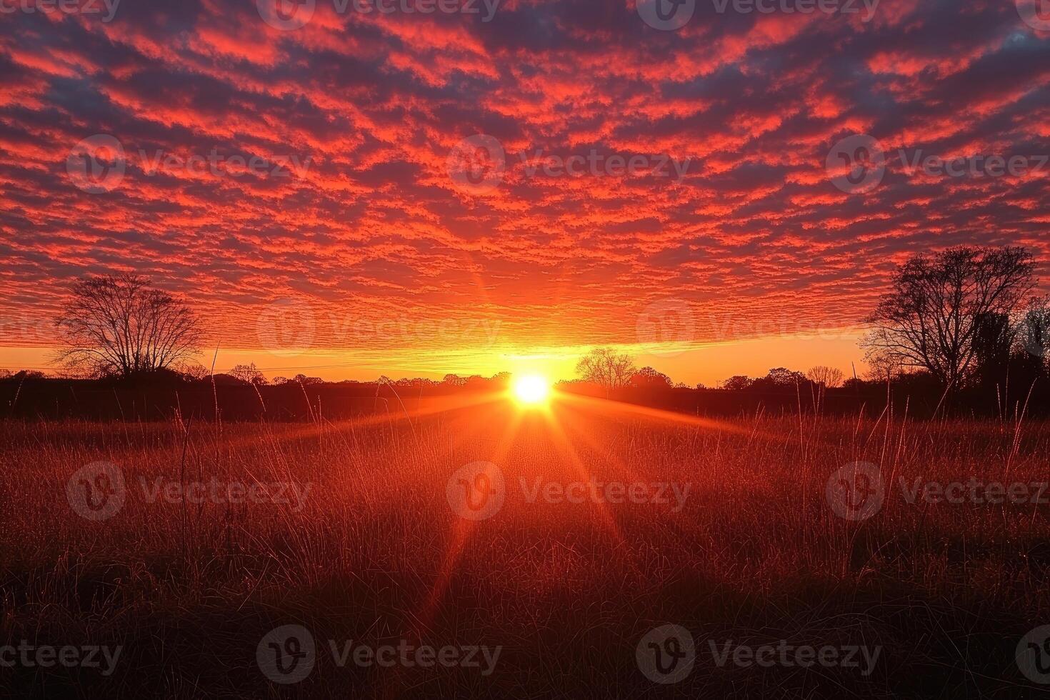 Sunset Over a Field with Silhouetted Trees and Red Sky photo