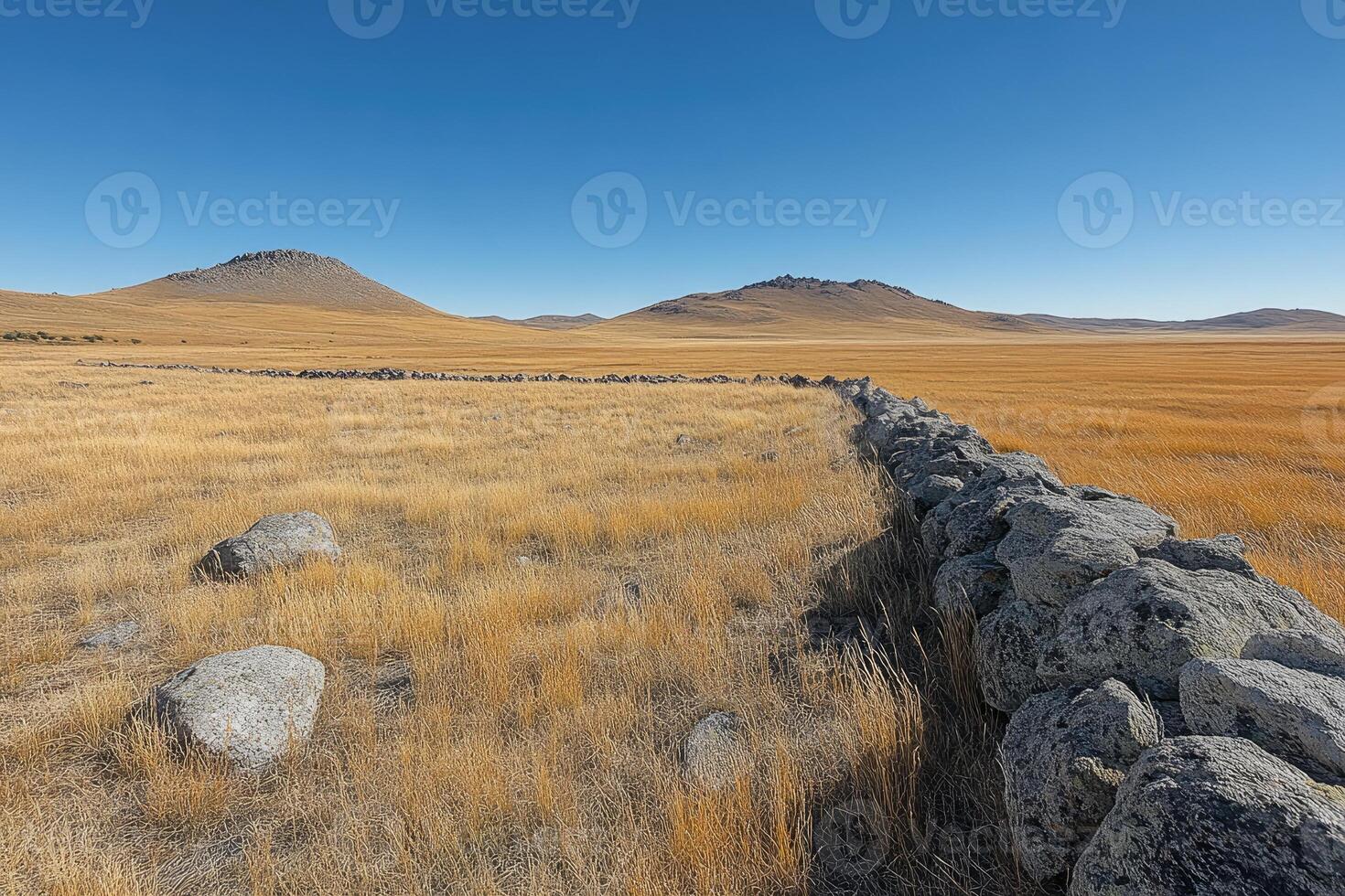 Stone Wall Winding Through a Field of Dry Grass in a Mountainous Landscape photo