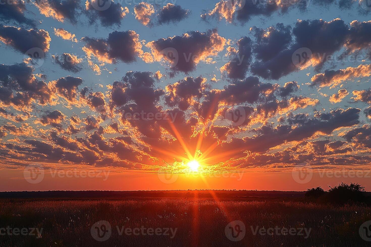 Sunset over a Field with a Glowing Sky and Sun Rays photo