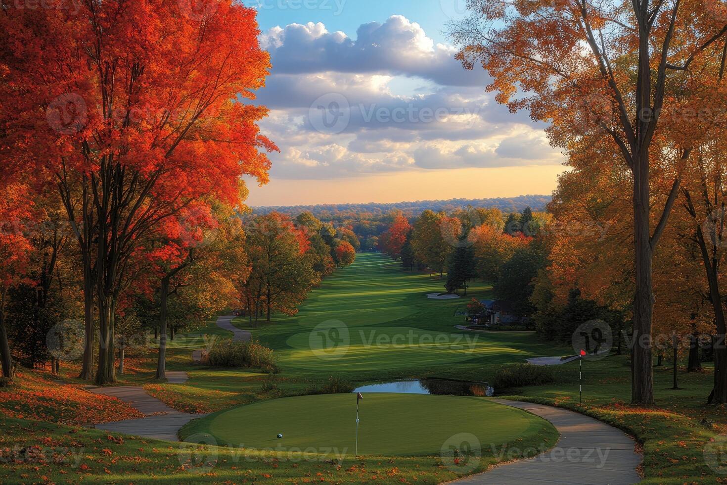 A beautiful autumn golf course scene under a cloudy sky photo