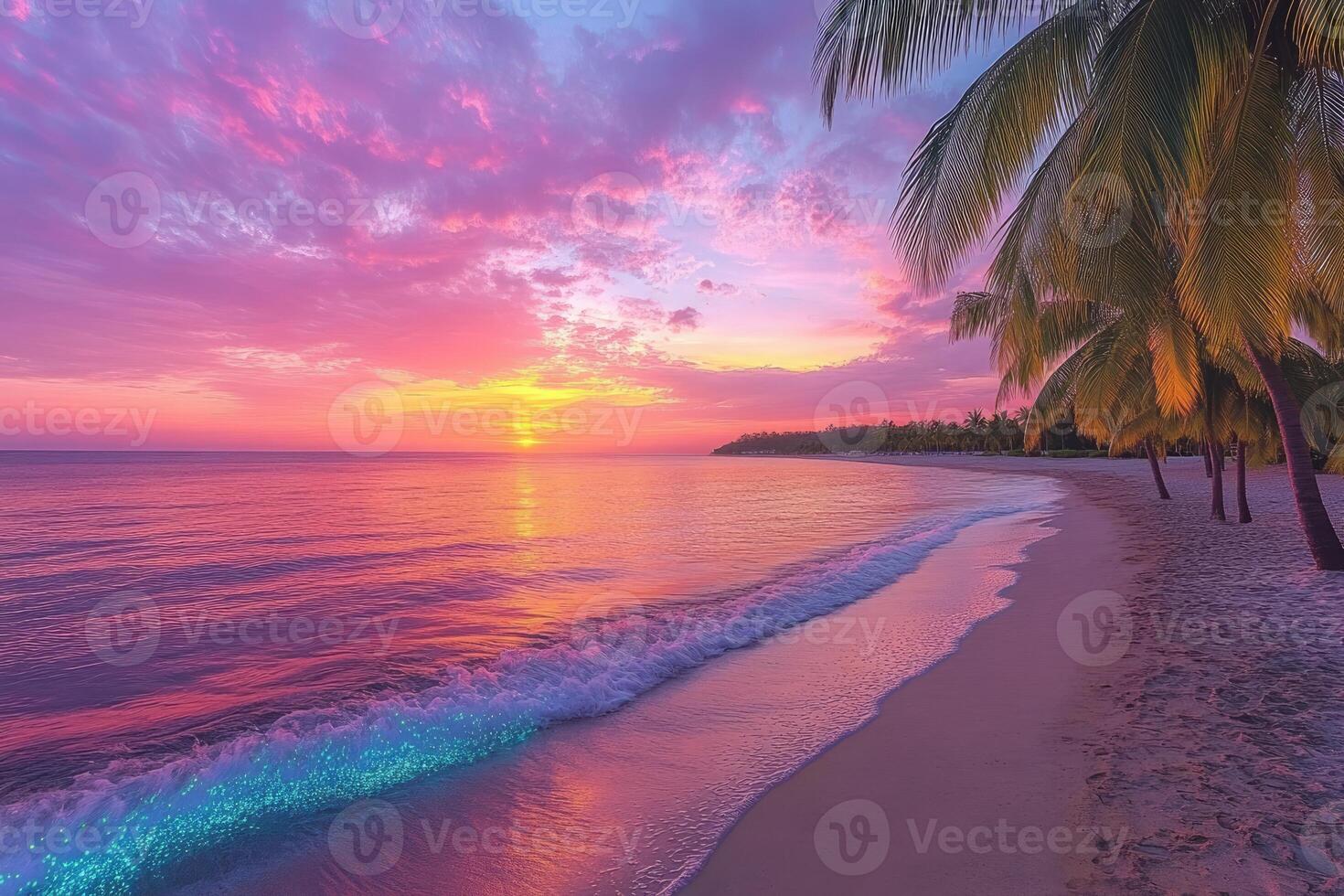 A beautiful beach scene features a colorful sunset over the ocean photo