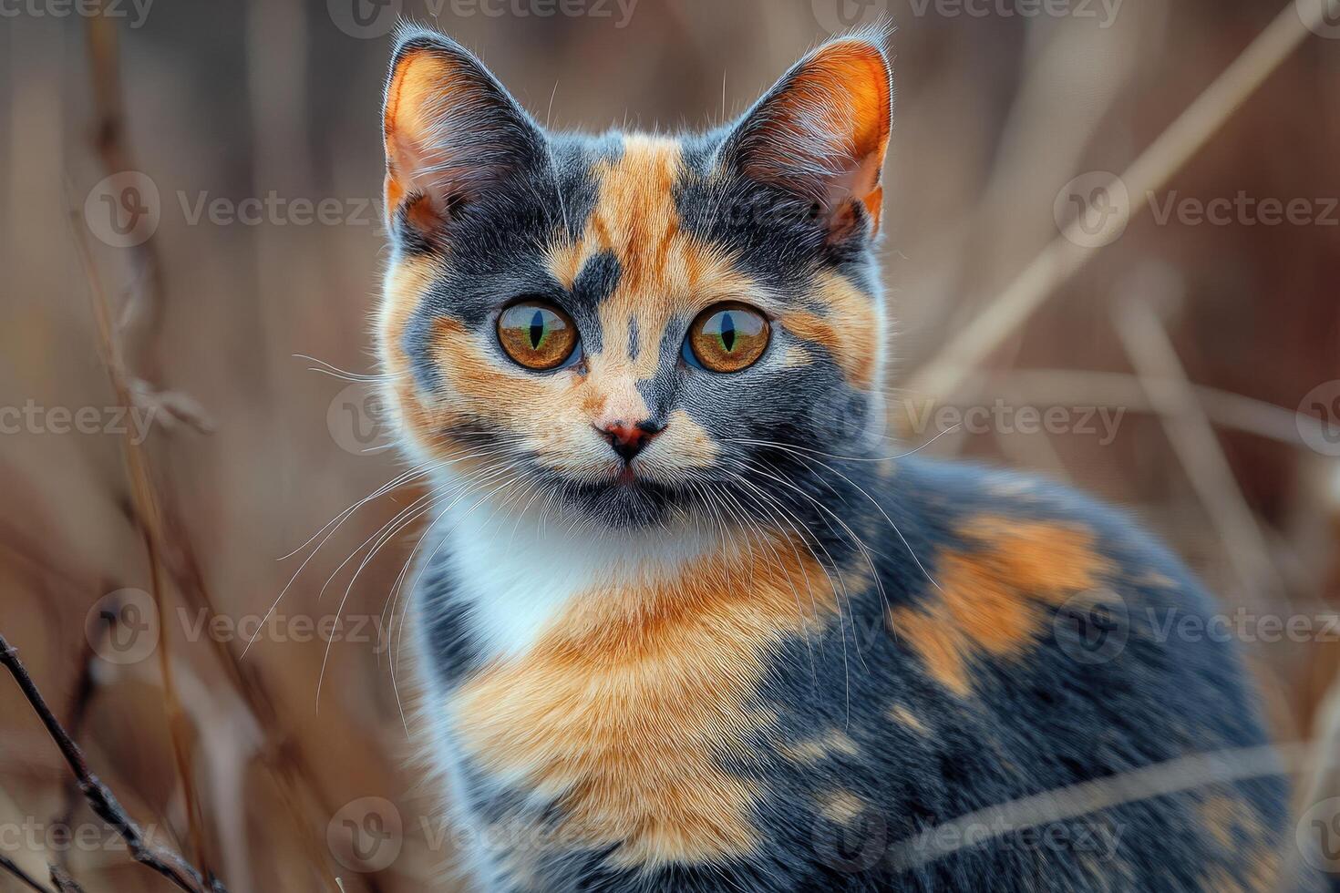 A beautiful calico cat sitting in natural grassy surroundings photo