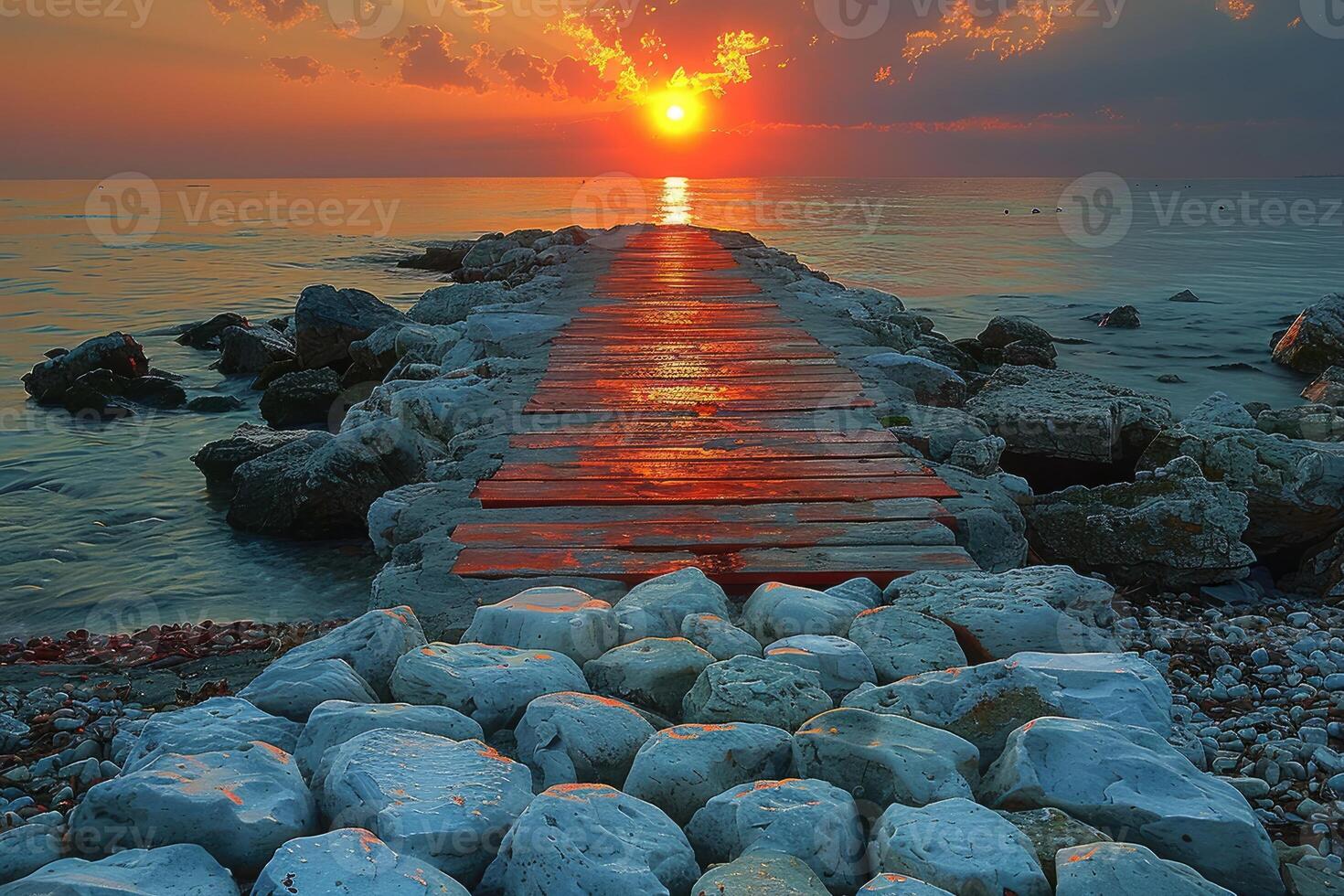 A beautiful sunset reflects on a wooden walkway near water photo