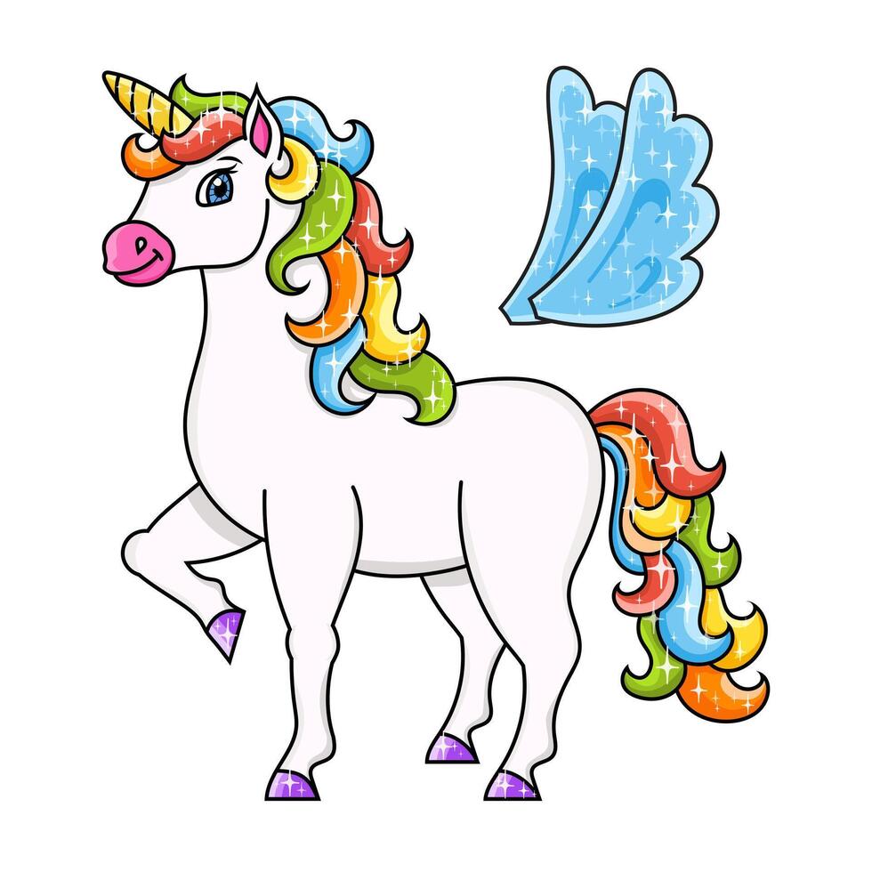 Cute unicorn with wings. Magic fairy horse. Colorful illustration. Isolated on white background. Design element. Template for your design, books, stickers, cards, posters, clothes. vector