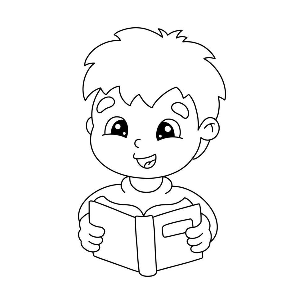 Coloring pages for kids with a boy reading a book vector