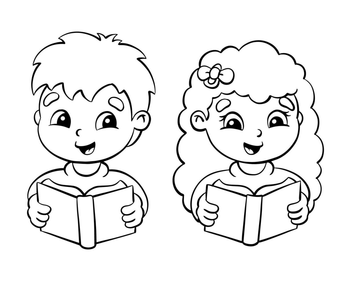Coloring pages for kids with a boy and girl reading books vector