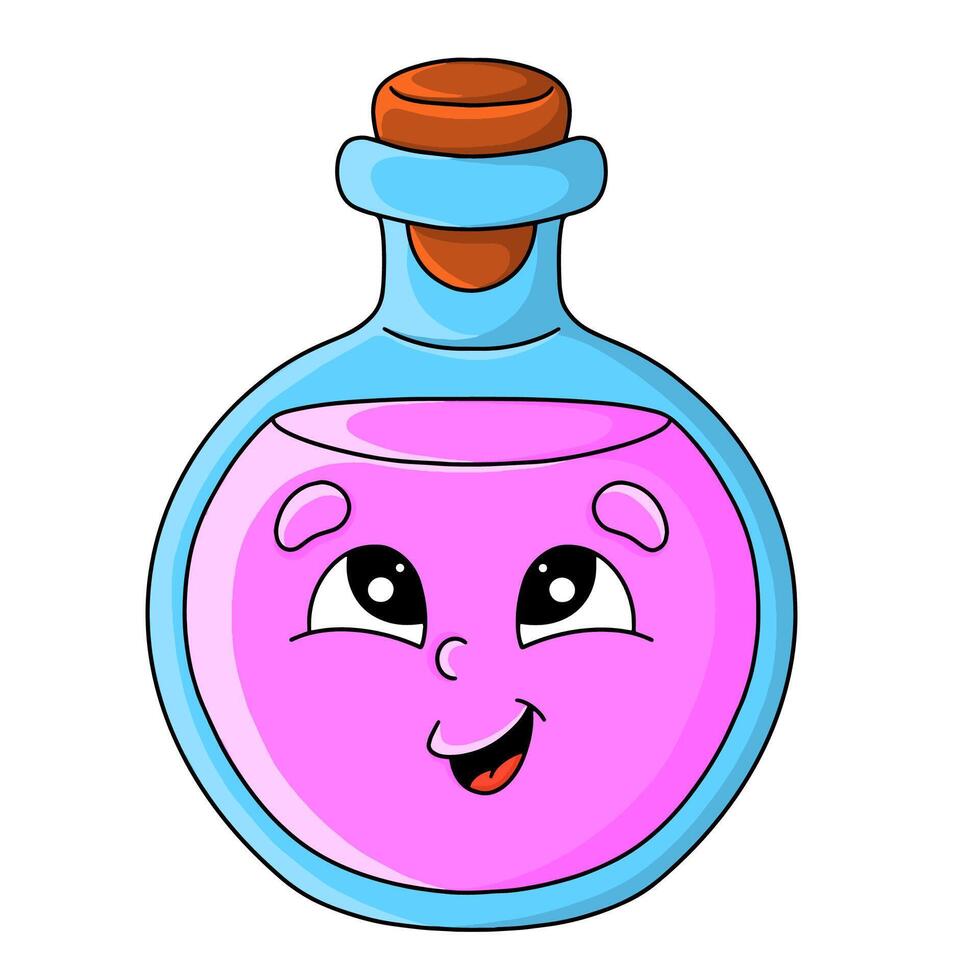 Smiling pink potion in a whimsical bottle with a cork cap enhances creativity and joy during playful moments vector