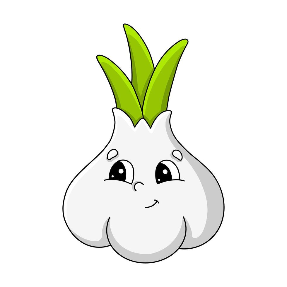 Cute cartoon garlic character with green sprouts displaying a cheerful expression and big eyes vector