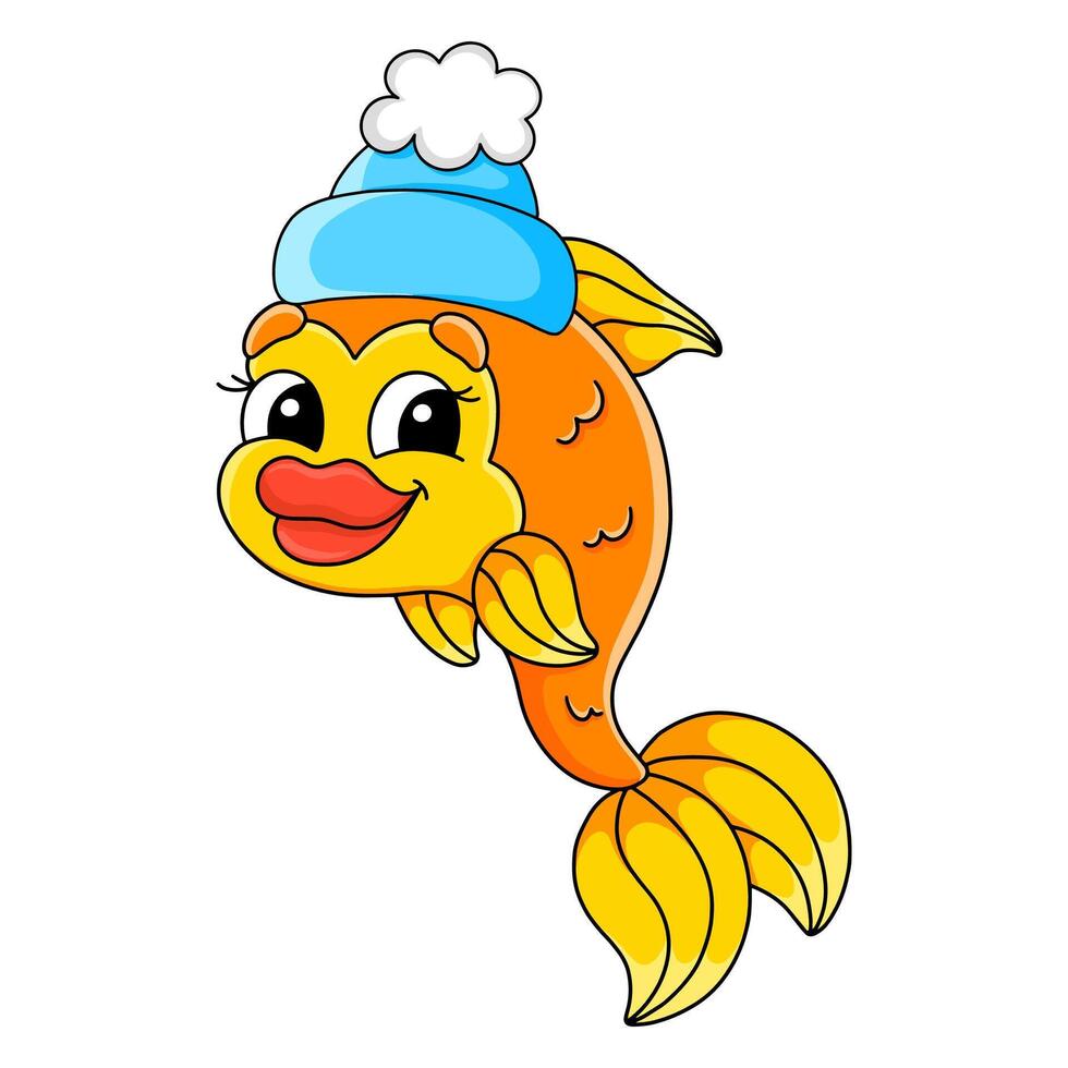 Brightly colored cartoon goldfish wearing a cute winter hat with a fluffy pom-pom vector