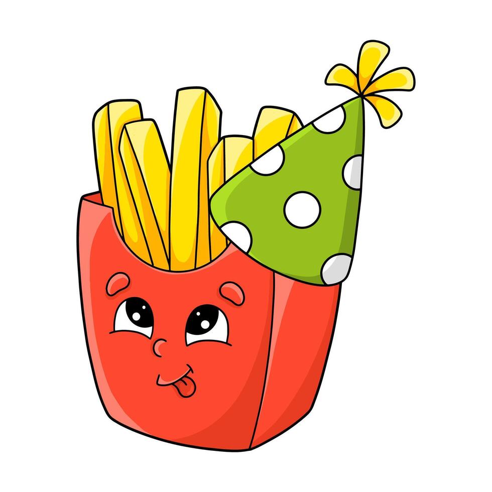 Cute cartoon French fries in a red container wearing a party hat, perfect for festive celebration themes vector
