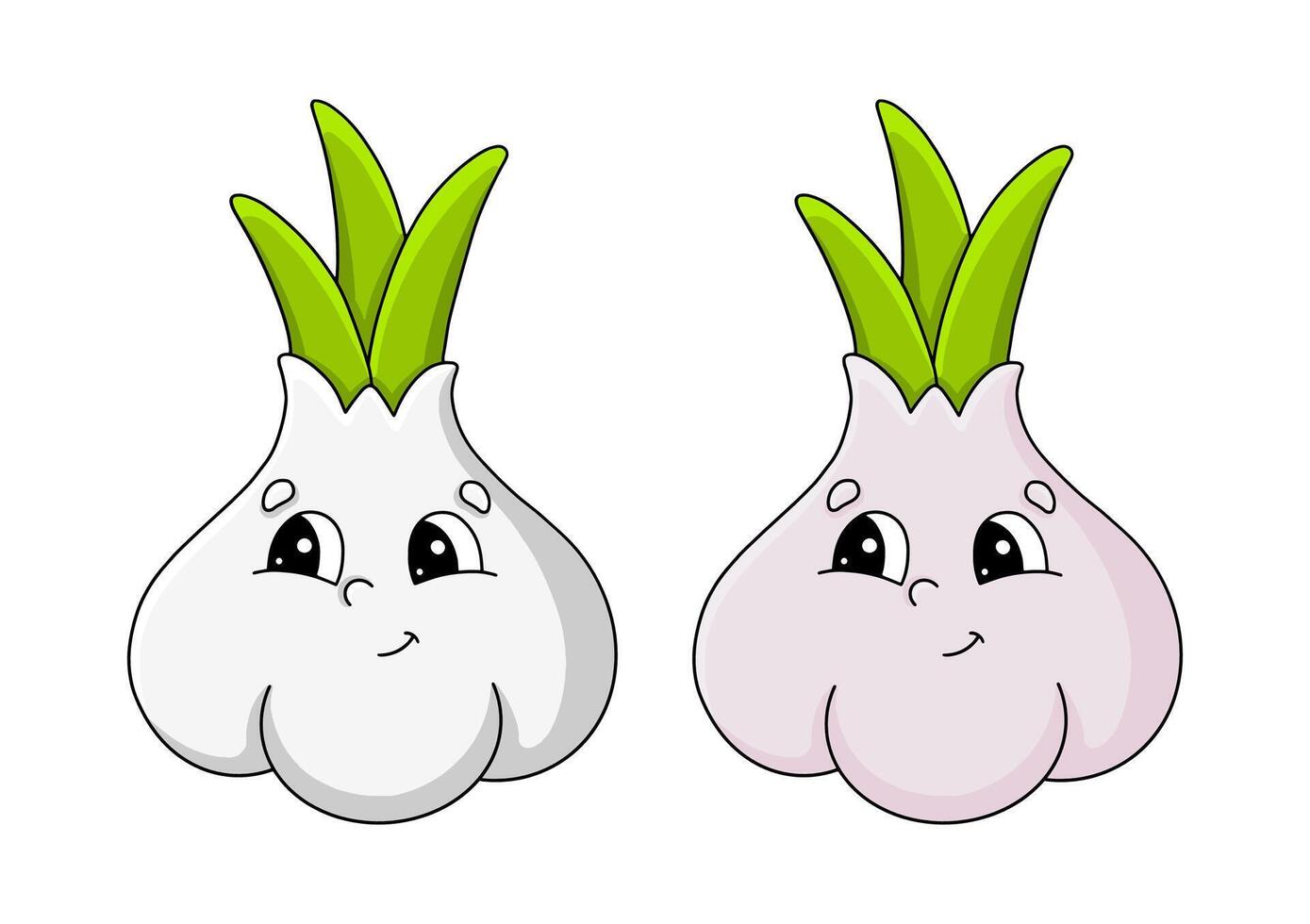 Cute cartoon garlic characters with smiling faces, showcasing friendly expressions and bright green sprouts vector