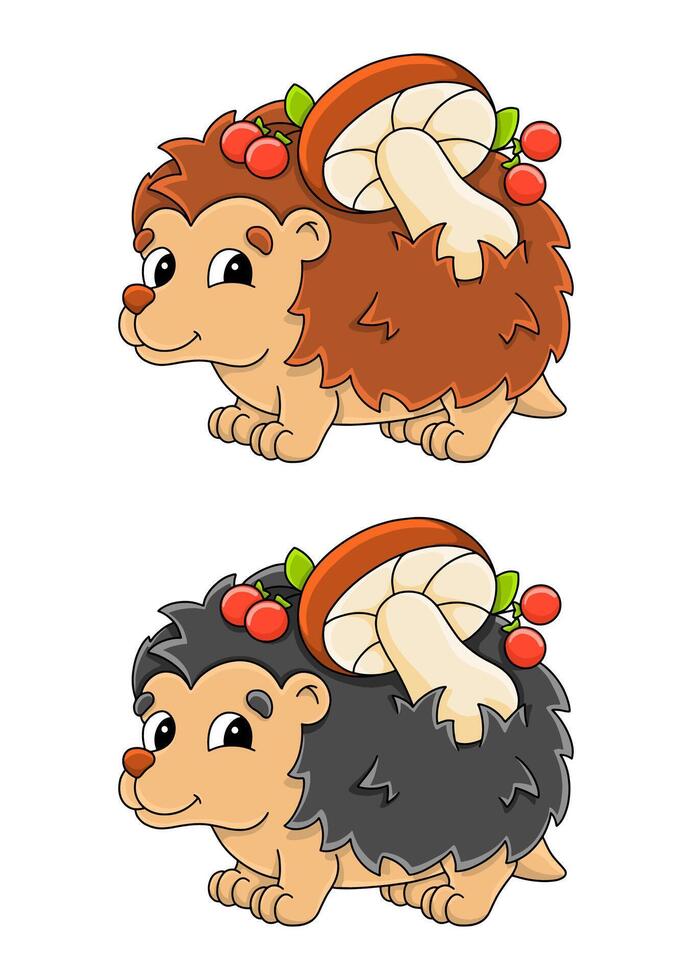 Cute cartoon hedgehogs with mushrooms and berries in a whimsical design for kids' illustrations vector