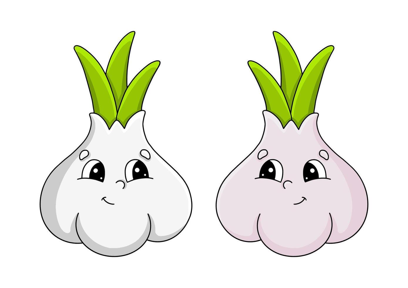 Cute cartoon garlic bulbs with smiling faces and green sprouts displayed on a white background vector