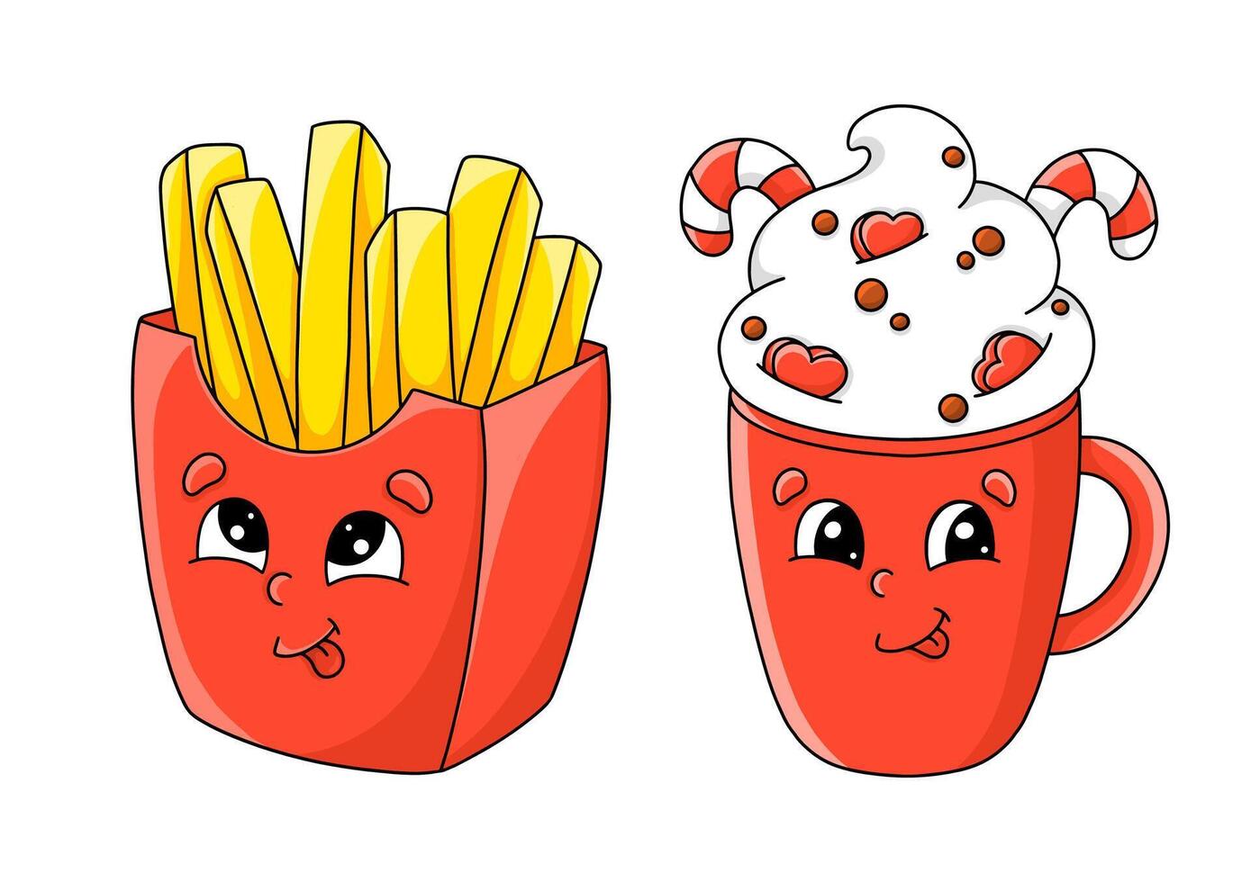 Delicious cartoon snacks featuring fries and a festive drink with sweet toppings vector