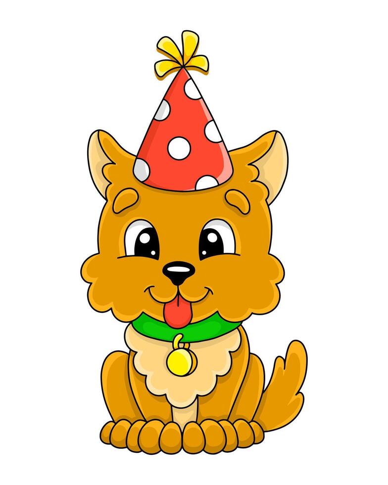 Cute cartoon dog with party hat and collar celebrating birthday in cheerful art style vector