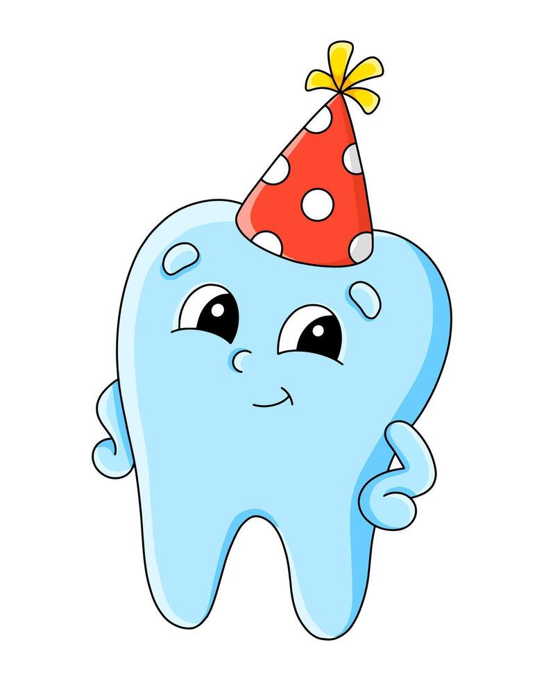 Tooth character celebrates a birthday with a festive hat and cheerful expression, ideal for children's events vector