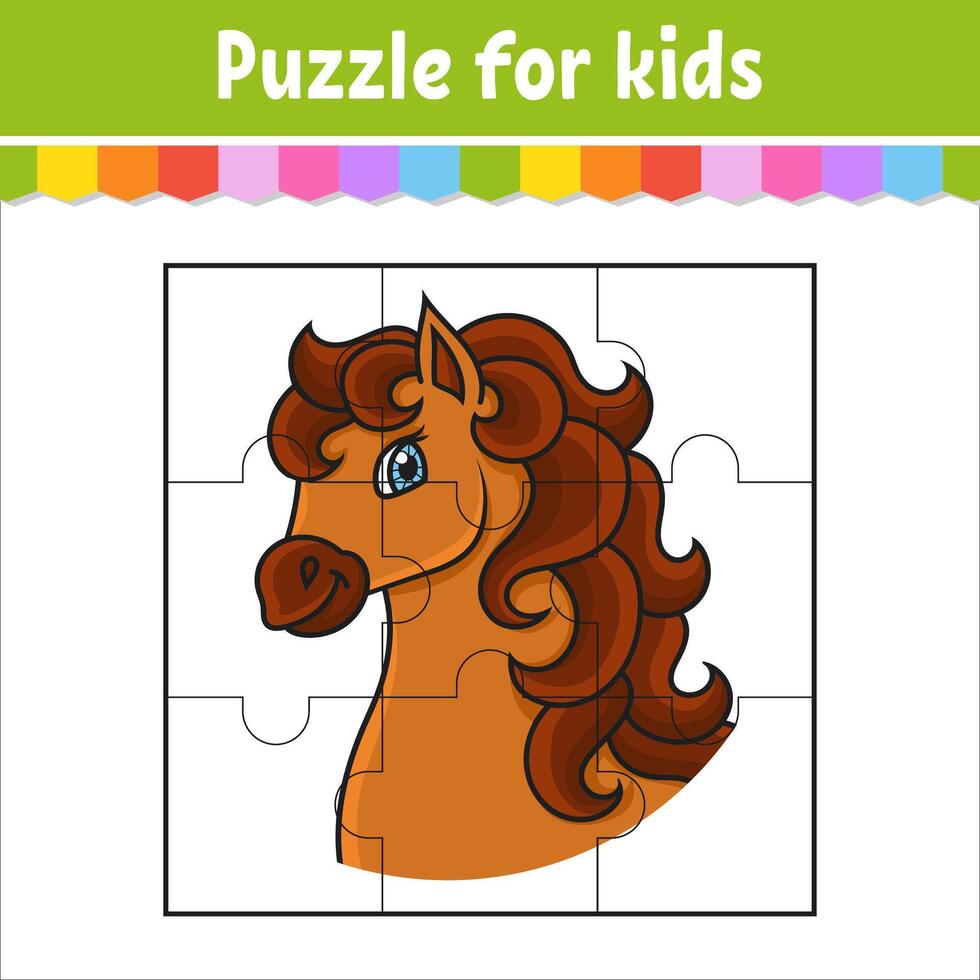 Puzzle game for kids. Horse animal. Jigsaw pieces. Color worksheet. Activity page. Isolated illustration. Cartoon style. vector