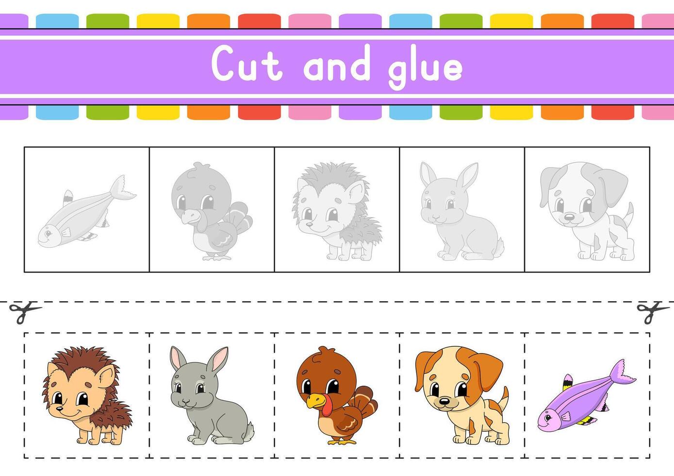Cut and glue worksheet for children with animals vector