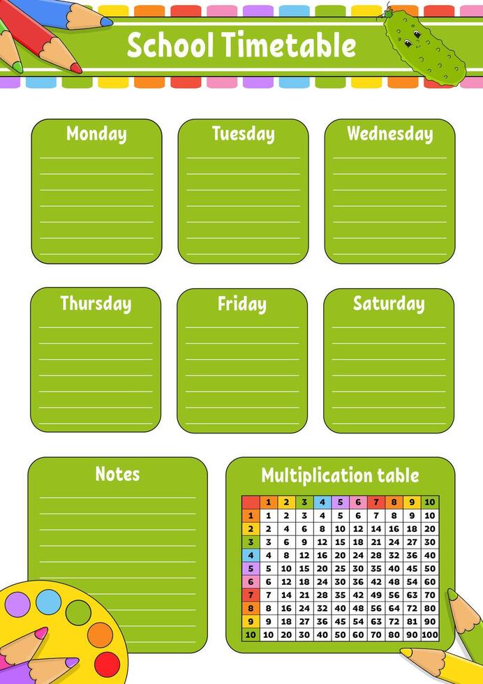 School timetable with pencils and paper vector