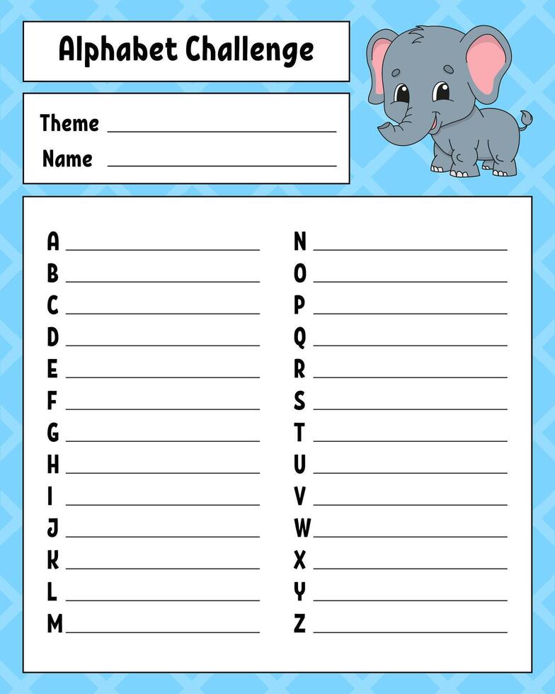 Alphabet challenge worksheet with an elephant vector