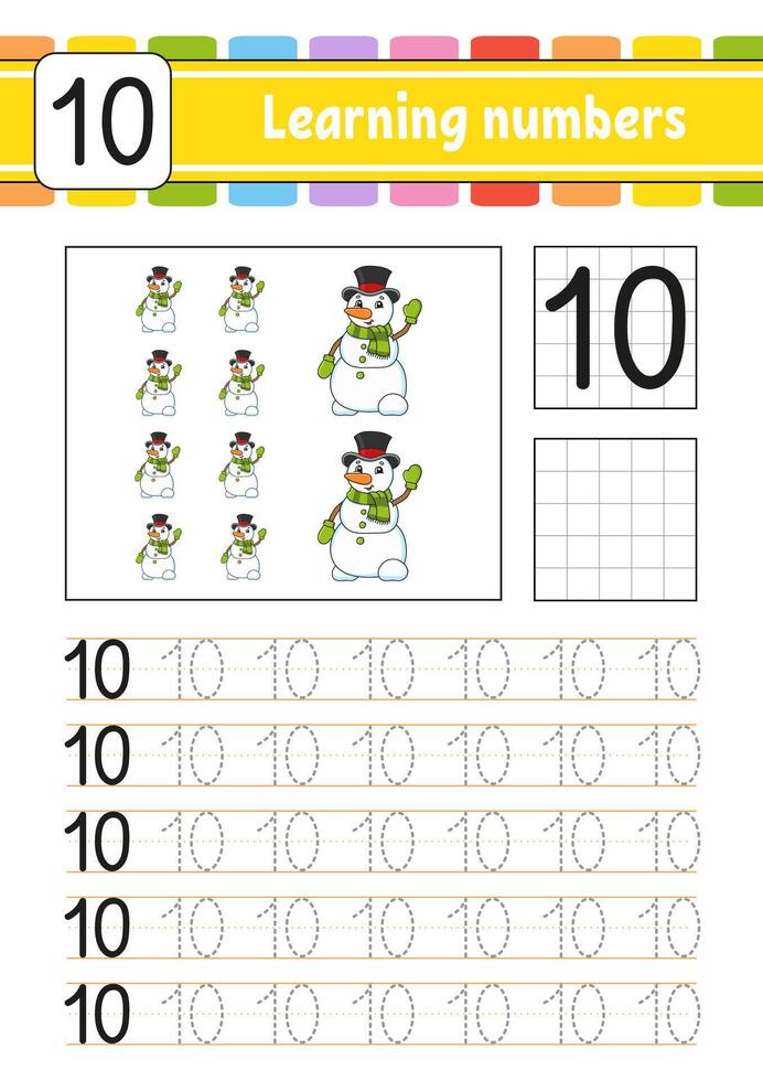 Learning numbers worksheet with snowmen vector