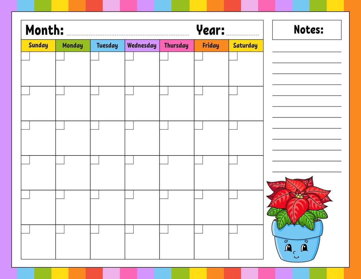 Printable calendar for kids with cute poinsettia vector