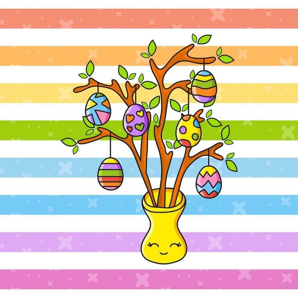 A colorful easter tree with eggs in it on a rainbow background vector
