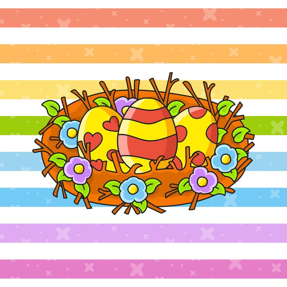 Easter eggs in a nest on a rainbow background vector