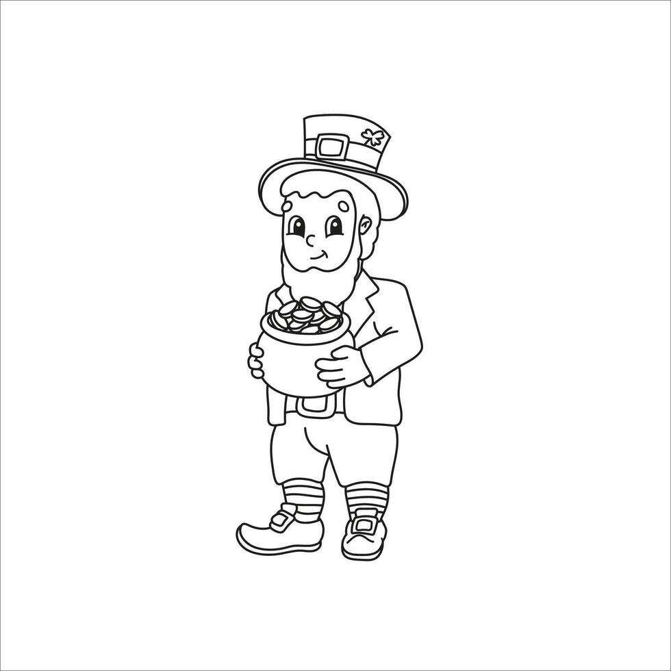 A leprechaun is holding a pot of gold coloring page vector