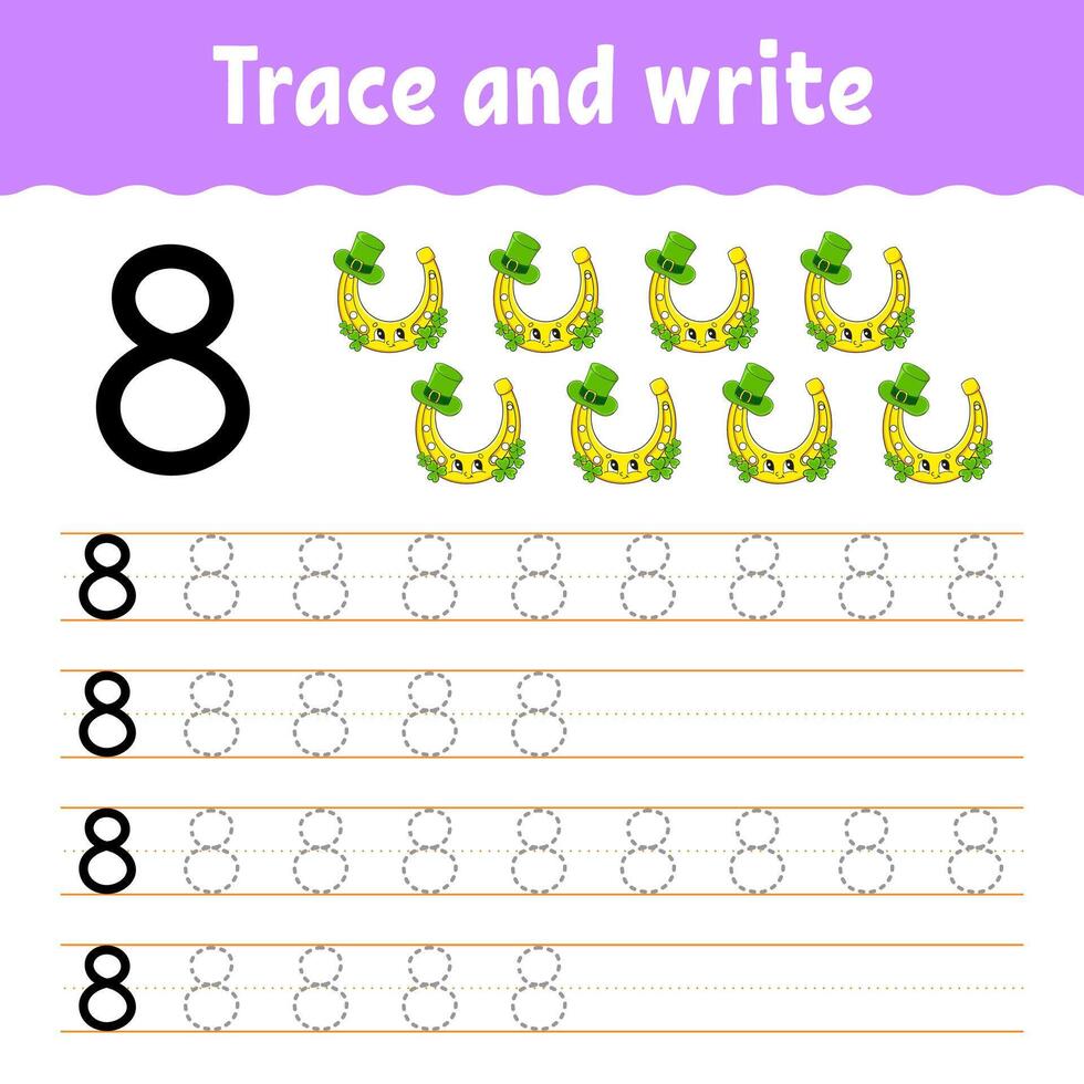 Trace and write the number 8 on a white background vector