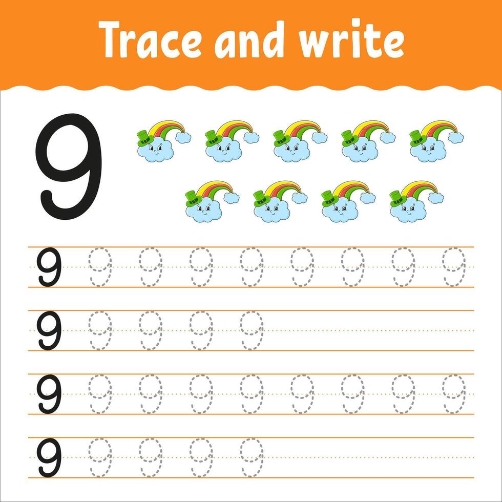 Trace and write the number 9 with rainbow and clouds vector